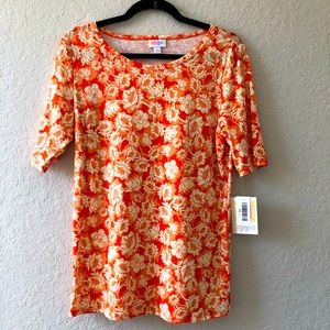 Lularoe Gigi Fitted Top Orange w/ Cream Flowers Large NWT